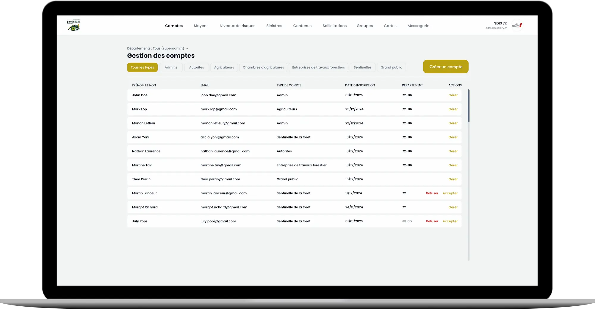 Aperçu de l'application SDIS Web