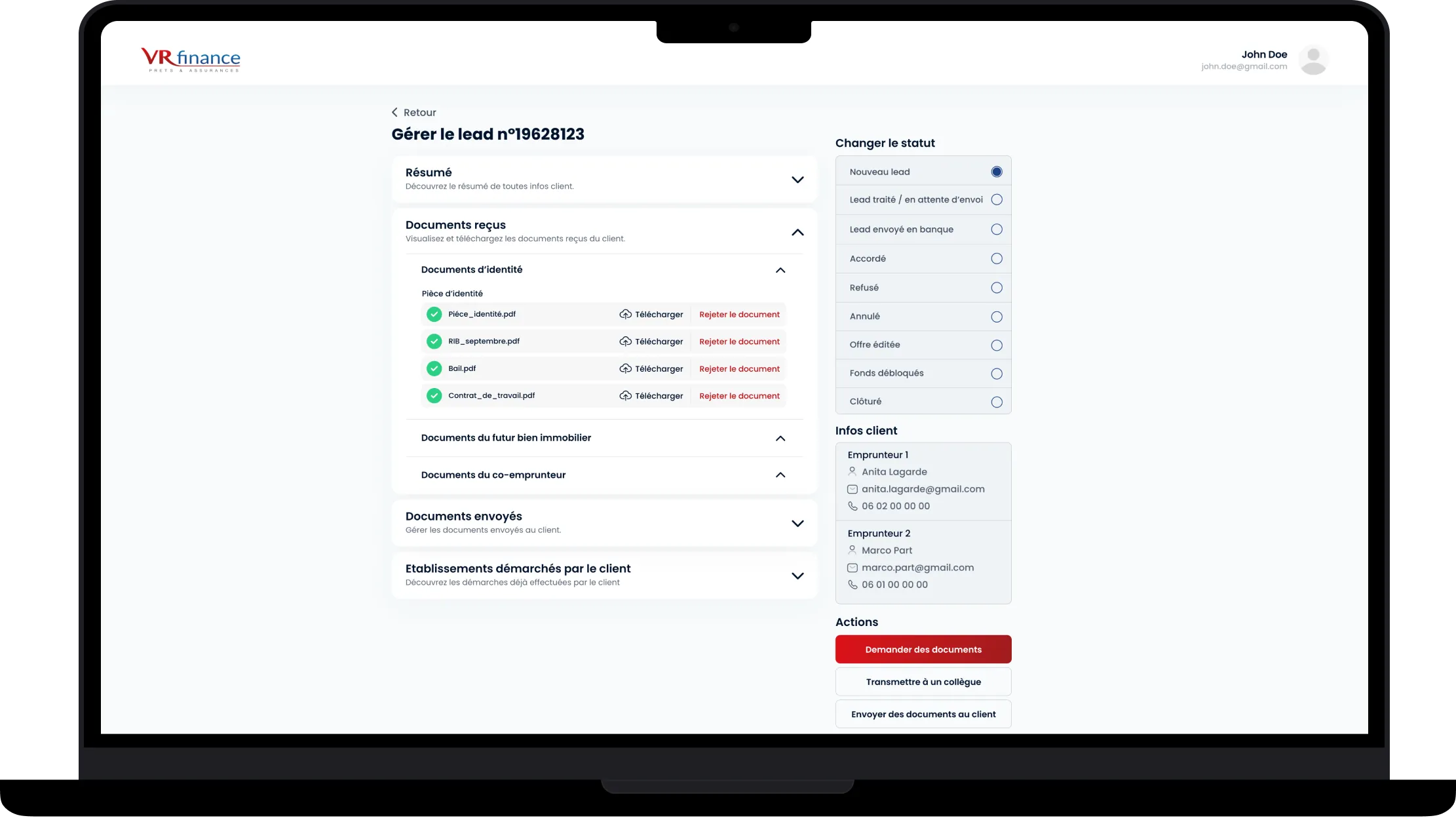 Aperçu de l'application VRFinance